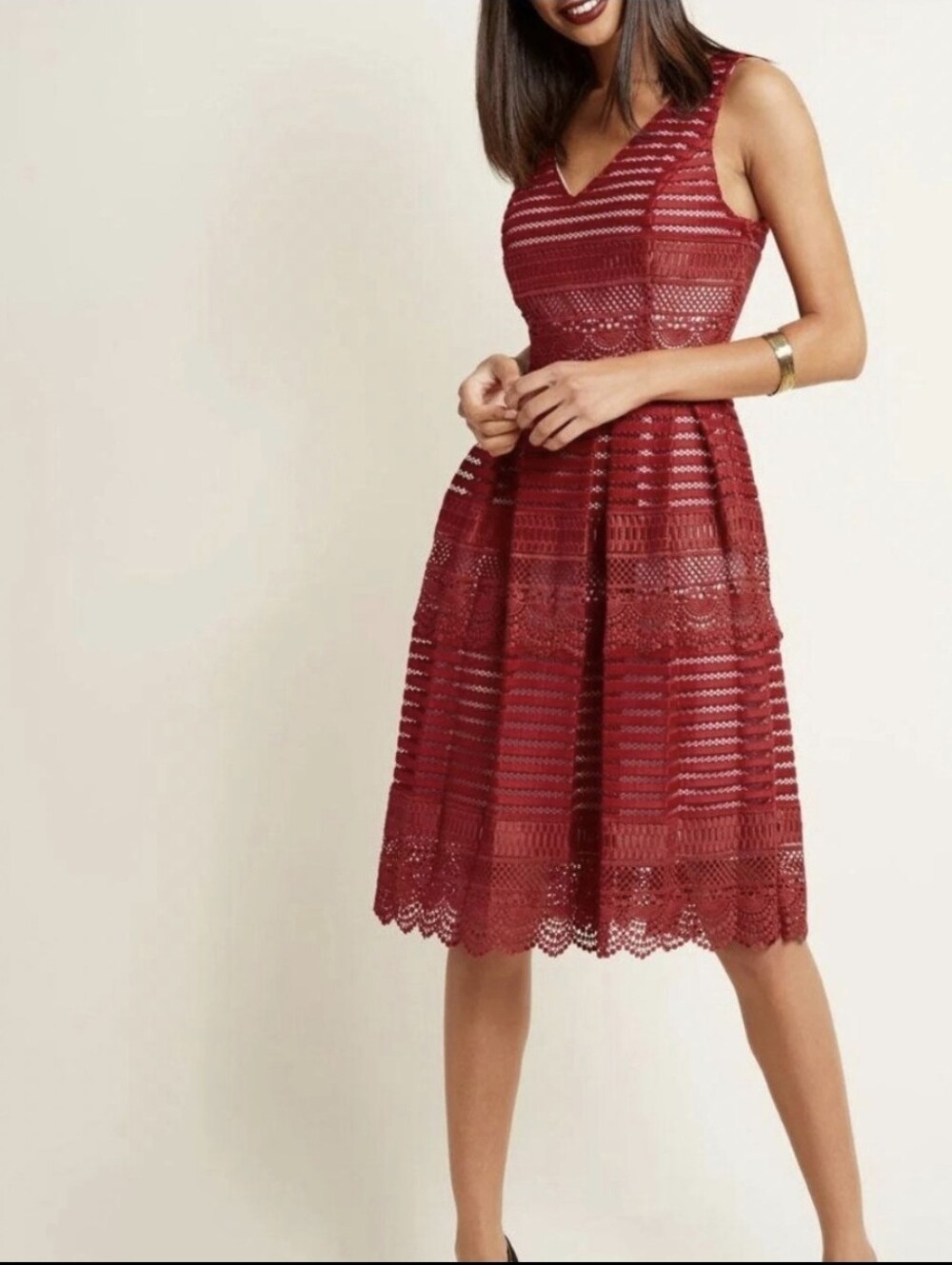 ModCloth Crochet Lace Stripe Fit & Flare Ruby Red Sleeveless Dress